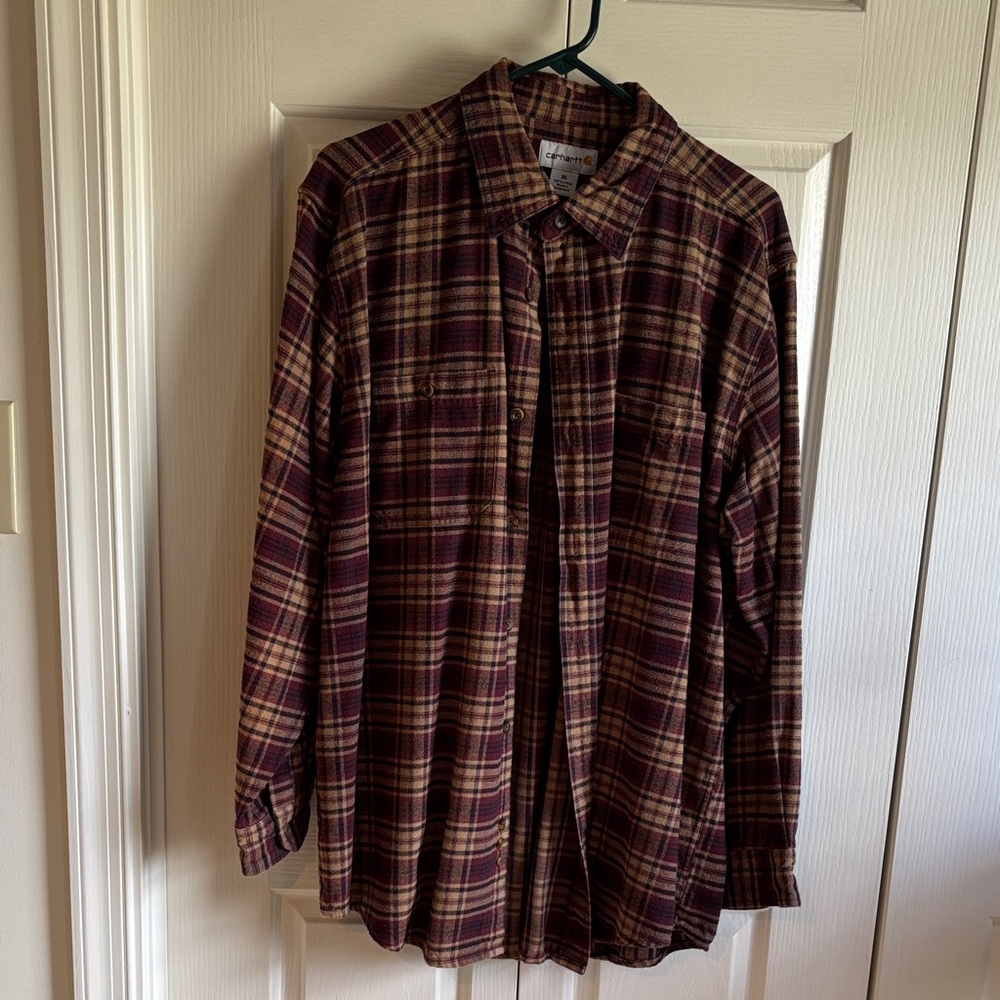 Carhartt Men's Plaid Shirt - Burgundy and Tan